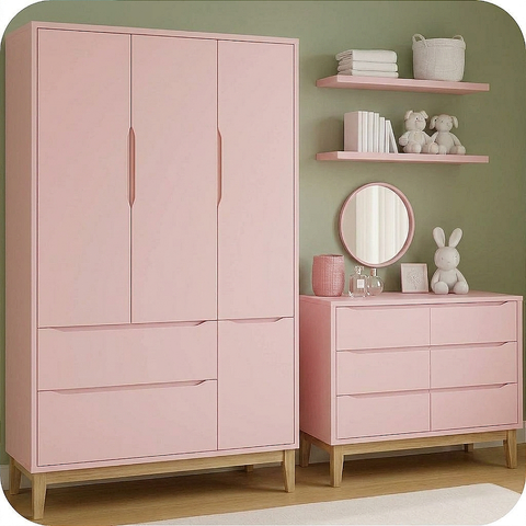Quarto de Bebê Guarda Roupa Classic + Cômoda 6 Gavetas Madeira Natural Rosa Fosco