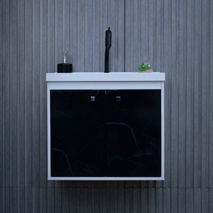 Kit Armário para Banheiro 50cm Mdf com Cuba + Espelheira - Bergamo Preto