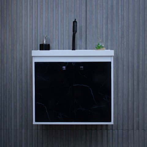Kit Armário para Banheiro 50cm Mdf com Cuba + Espelheira - Bergamo Preto