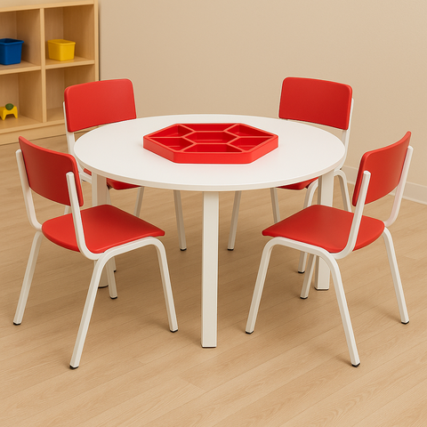 Conjunto Mesa Escolar com Organizador Infantil Redonda com Cadeiras