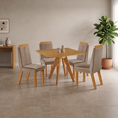 Conjunto Sala de Jantar Mesa Liz Quadrada Tampo Amadeirado 4 Cadeiras Riviera Cinamomo/Capuccino