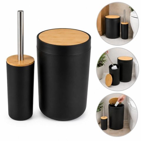 Kit Banheiro 2 Peças Lixeira e Escova Sanitária Plástico PP Bambu Preto