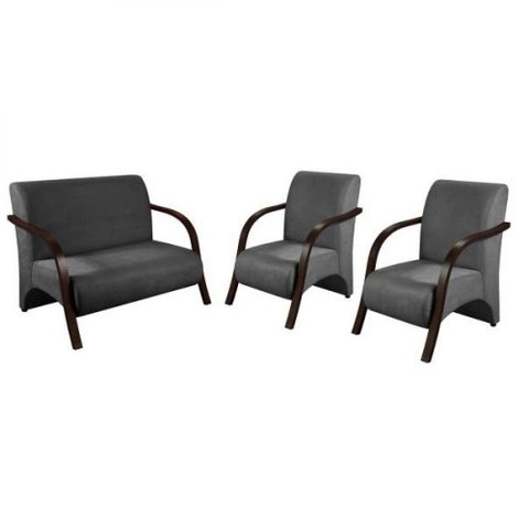 Conjunto Poltrona Sevilha Braço Madeira Kit 3 Peças Grafite