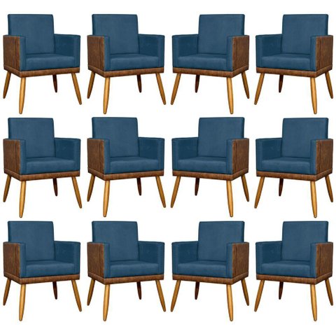 Kit 12 Poltronas Decorativas para Escritório Lis Corino e Pé Palito - Azul-marinho Suede Corino