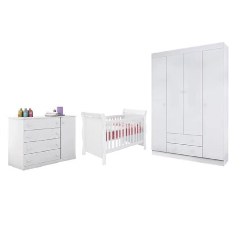 Jogo de Quarto Infantil Branco Berço Americano Colonial + Roupeiro e Cômoda Maria 4 Gavetas
