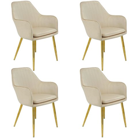 Kit 4 Cadeiras Poltrona Lines Base Dourada Recepção Sala Suede  Bege