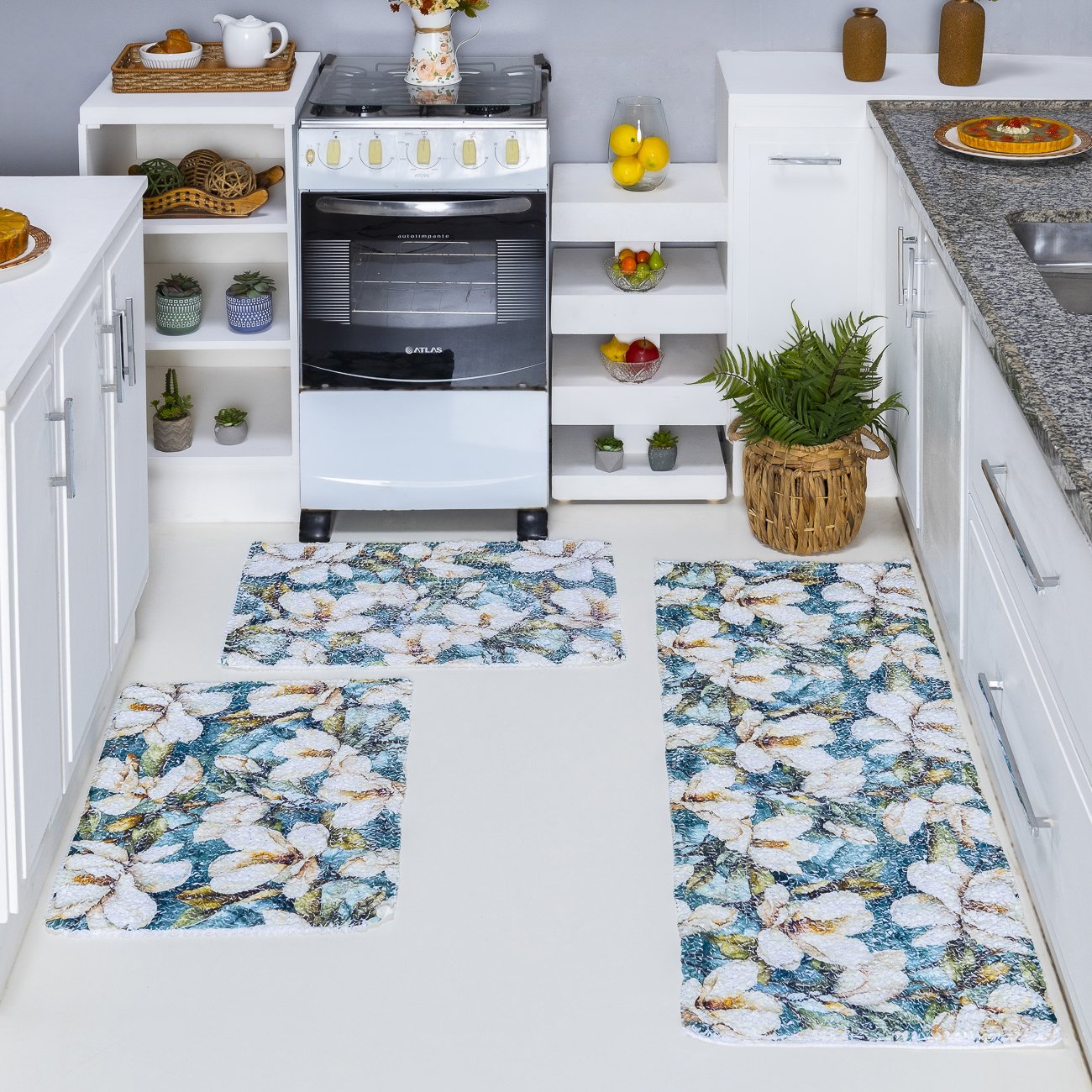 Jogo de Passadeira + Tapete 3 Pç Cozinha Corredor Quarto Sala Malha Frufru Estampada:floral Magnólia