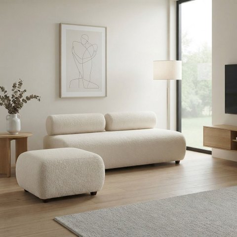 Sofá 3 Lugares e Puff para Sala Orgânico Nara Base Fixa Bouclê Ted D03 - D'Rossi