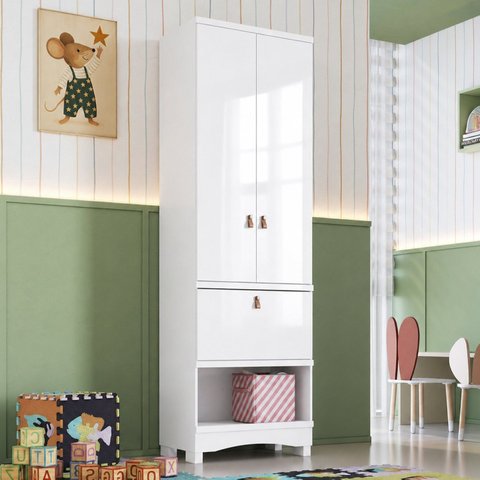 Armário Multiuso 2 Portas 1 Gaveta 62cm 100% MDF Pupilo Espresso Móveis Branco/Brilho