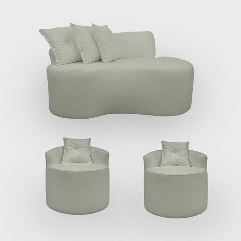 Kit 2 Poltronas com Sofá Curvo 2 Lugares Feijão Forma Orgânica Bouclé