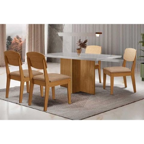 Conjunto: Mesa Sala Jantar Berlim Curvo 120cm + 4 Cadeiras Havana Naturale/off White - Linho Bege -