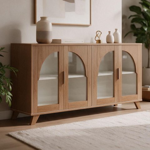 Aparador Buffet para Sala de Jantar 4 Portas Vidro 160cm Mozart A05 Cinamomo Off White - Lyam Decor