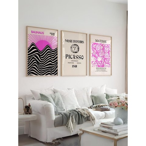 Kit 3 Quadros Decorativos Bauhaus Picasso Matisse Rosa e Preto - Moldura Preta