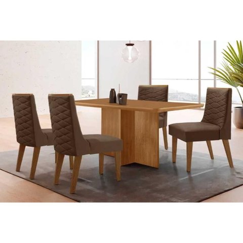Conjunto: Mesa de Cozinha Berlim Tampo Curvo 120cm+4 Cadeiras Dafne Madeira Naturale - Capuccino/