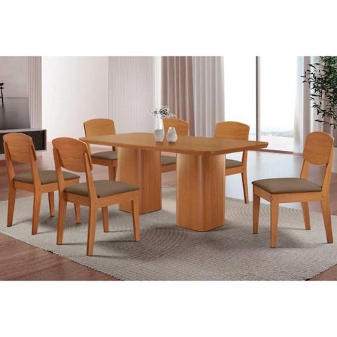 Conjunto: Mesa de Cozinha Maldivas c/ Tampo Madeirado Canto Curvo 180x90cm e 6 Cadeiras Havana