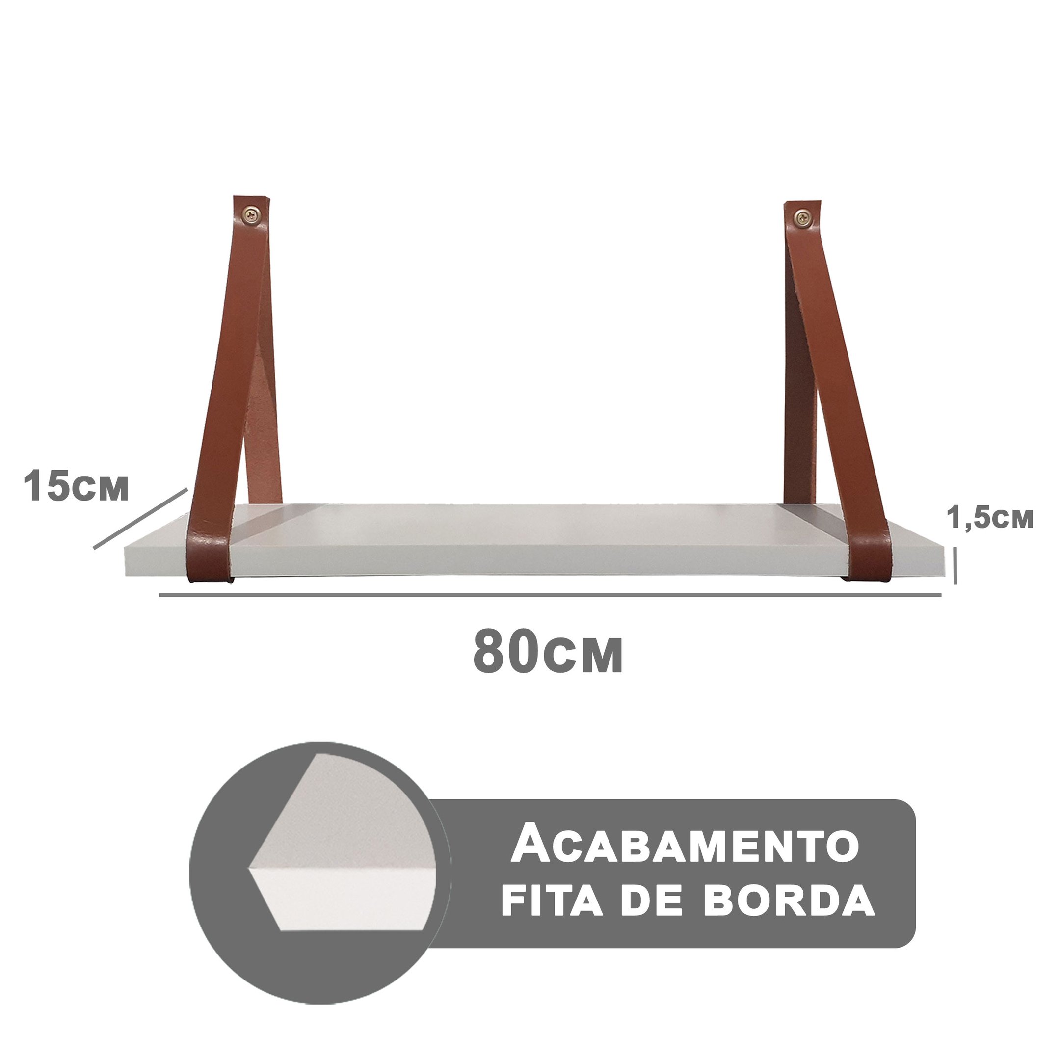 Kit 3 Prateleiras Branca em Mdf 80x15cm com Alça Caramelo - 4