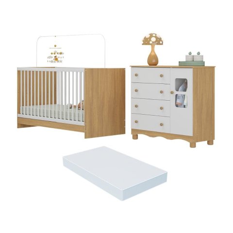 Berço 3 em 1 com Colchão Incluso e Cômoda 1 Porta 4 Gavetas Luna Multimóveis Mp4754 Madeirado/