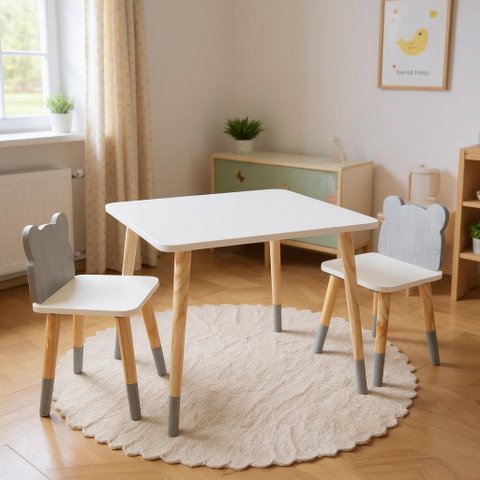 Mesa e 2 Cadeiras Infantil Urso Kit Livro Educativo em Madeira - Cinza