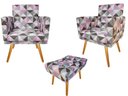 Ver imagem 1 de Kit 2 Poltronas Decorativa Bia + Puff Retangular Suede Triângulo Rosa Pés Madeira Ms Decor