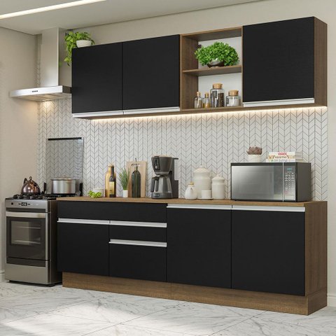 Armário de Cozinha Completa 240cm Rustic/Preto Glamy Madesa 06
