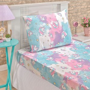 Jogo Cama Lençol Diverkids Solteiro Infantil Malha Soft 100% Algodão 2 Peças - Unicórnio Rosa