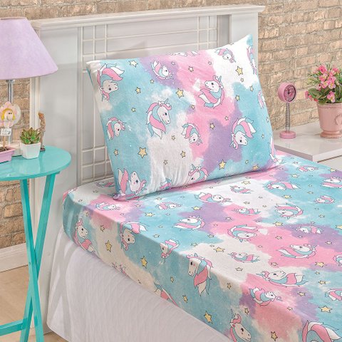 Jogo Cama Lençol Diverkids Solteiro Infantil Malha Soft 100% Algodão 2 Peças - Unicórnio Rosa