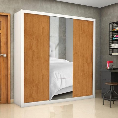 Guarda-Roupa Casal com Espelhos 3 Portas 4 Gavetas 186cm Multimóveis CR35570 Branco/Madeirado