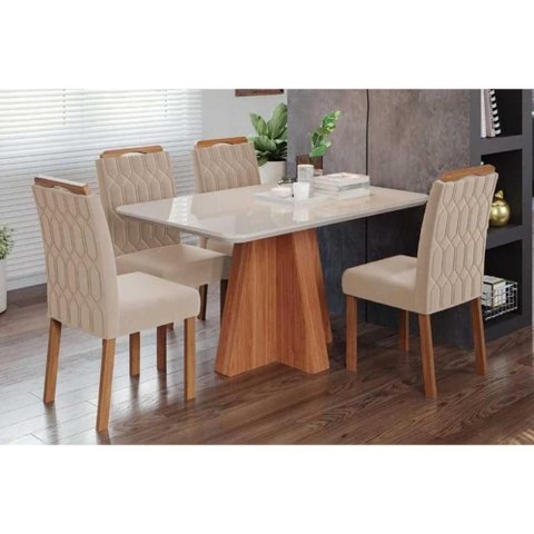 Conjunto: Mesa Sala Jantar Maitê Tampo Madeirado C/ Vidro 130x80cm e 4 Cadeiras Paola Cinamomo/off