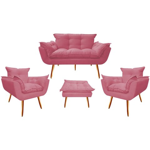 Kit Namoradeira + 2 Poltronas + 1 Puff Decorativo Opala Suede Rosa Pés Madeira Mz Decor