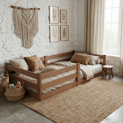 Cama Solteiro Infantil Montessoriana 100% Madeira com Proteção Lateral Atraente - Castanho