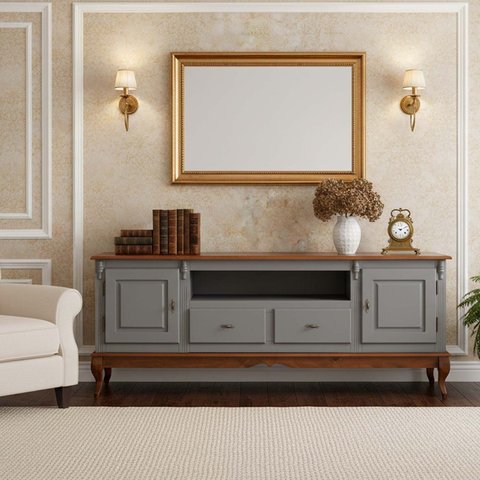 Rack para TV até 75 Polegadas 195cm 2 Portas 2 Gavetas Prateleira Interna Pés Luis Xv Hanover
