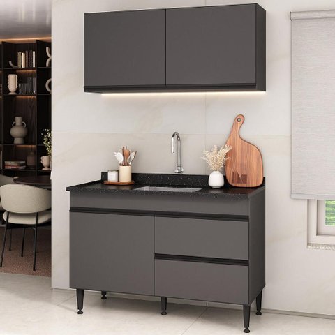 Armário Cozinha Modulada Compacta com Pia 120cm Milano Multimóveis MCR2475 Grafite/Preto