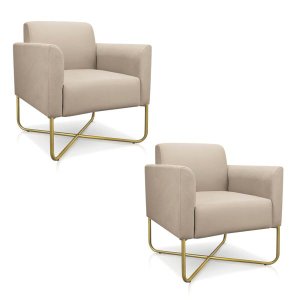 Kit 2 Poltronas Marisa Suede Bege Base X Industrial Dourado - D'rossi