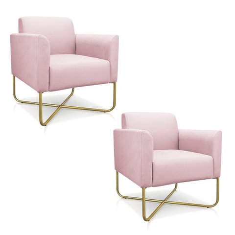 Kit 2 Poltronas Marisa Suede Rosa Bebê Base X Industrial Dourado - D'Rossi
