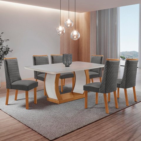 Mesa de Jantar Milena 180cm Tampo MDF Vidro Canto Copo com 6 Cadeiras Carolina