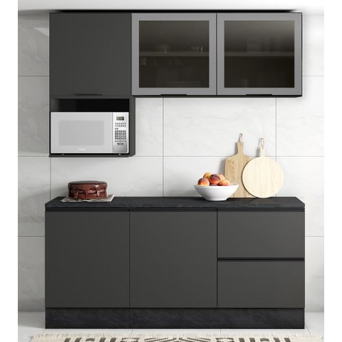 Jogo de Cozinha Modulada 178m com Balcão 120m FLEX  C/ Tampo MDP Etna - Grafite Poliman