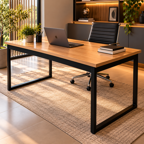 Mesa Escrivaninha Office Tampo Grosso Industrial 1,50m Nogal/Preto Realme Mesa para Escritório Estil