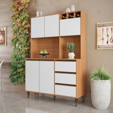 Armário de Cozinha Completa 5 Portas 3 Gavetas Itália Madeirado/off White