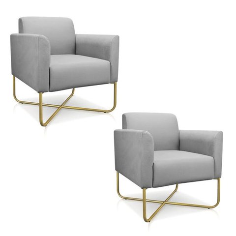 Kit 2 Poltronas Marisa Suede Cinza Base X Industrial Dourado - D'Rossi