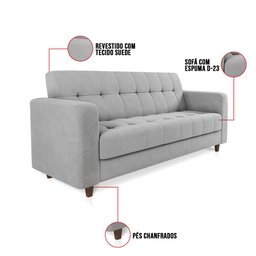 Sofá 03 Lugares Arezzo Suede Cinza Pés Chanfrado Tabaco - D'Rossi DRossi - 6