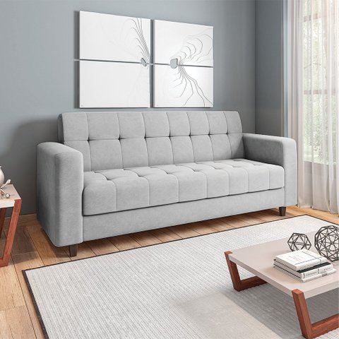 Sofá 03 Lugares Arezzo Suede Cinza Pés Chanfrado Tabaco - D’Rossi