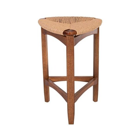 Banqueta Alta Madeira Maciça Hanna com Assento em Fibra Natural Trançada À Mão Pinhão