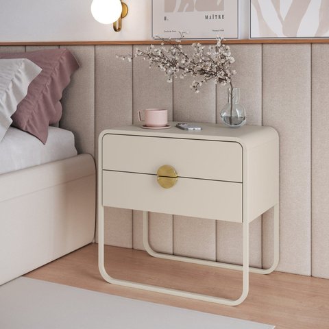 Mesa de Cabeceira 60cm 2 Gavetas Orgânica Pé Metal Luna Off White