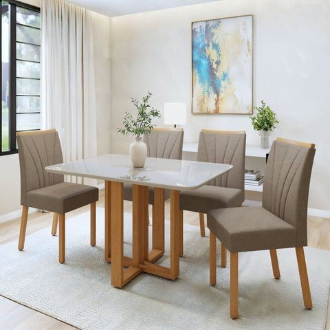 Conjunto Sala de Jantar 4 Lugares Retangular Tampo Vidro/MDF Mesa Tessera e Cadeiras Jade