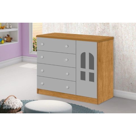 Cômoda AL 4 Gavetas e 1 Porta Com Detalhes em Acrílico e Prateleira Interna Cor Nature/Cinza JA