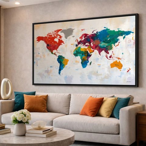 Quadro Mapa Mundi Contemporâneo Colorido - Grande 153x103cm