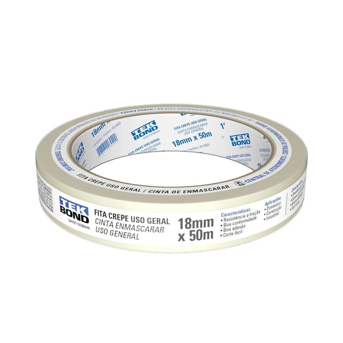 Fita Crepe Uso Geral Rolo 18mmx50m - Tekbond - Cx 12 Un - 2