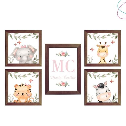 Kit 5 Quadros Decorativos Safari Baby Aquarela Menina:tabaco