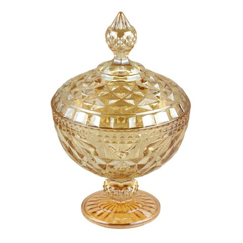 Potiche / Bomboniere com Pé de Cristal Diamond Ambar Metalizado 15 x 23 cm | Casa Del Grande