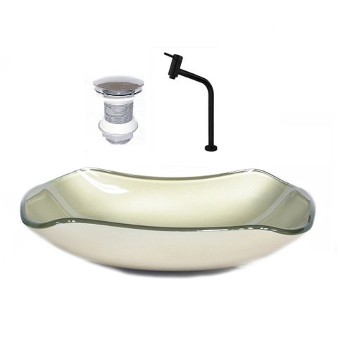 CUBA DE VIDRO ABAULADA 45CM CHAMPANHE + VALVULA + TORNEIRA PRETA
